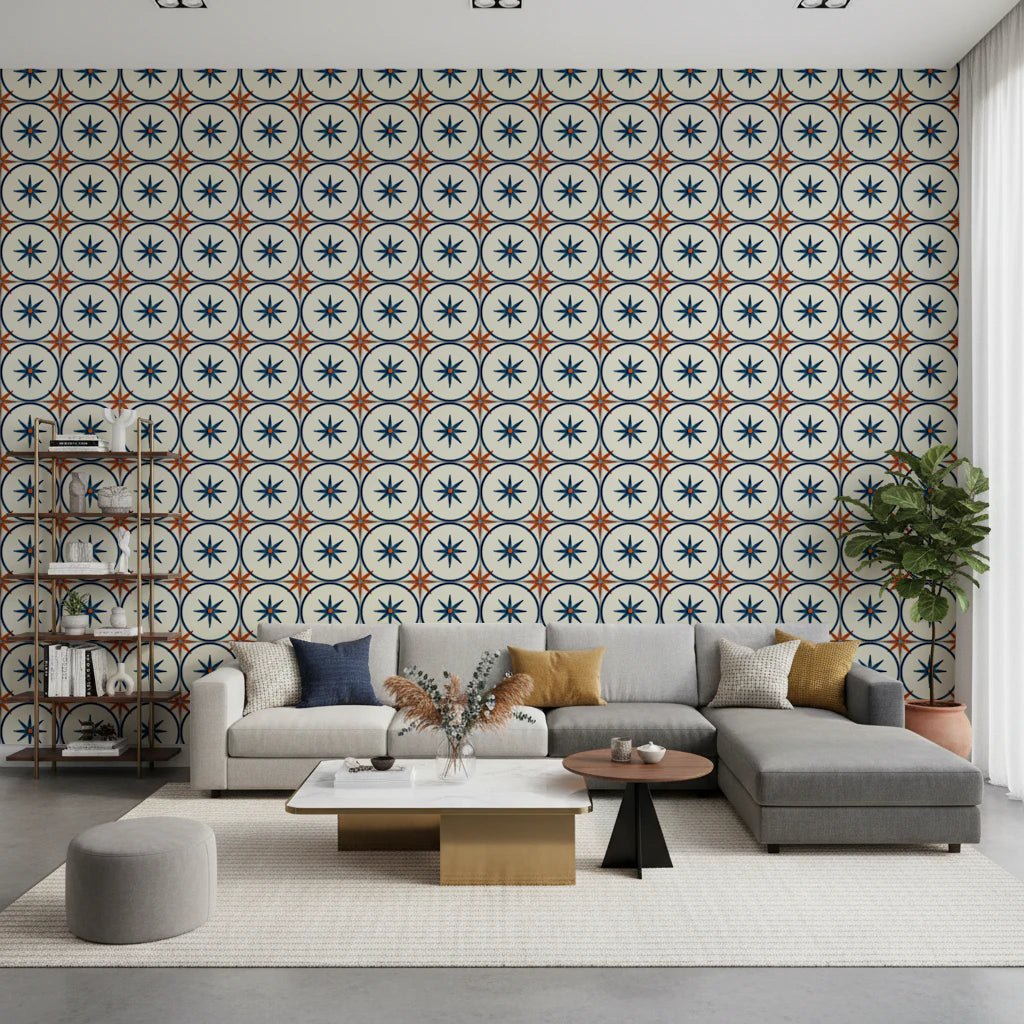 Artisanal blue star motif wallpaper for a bathroom wall mural.