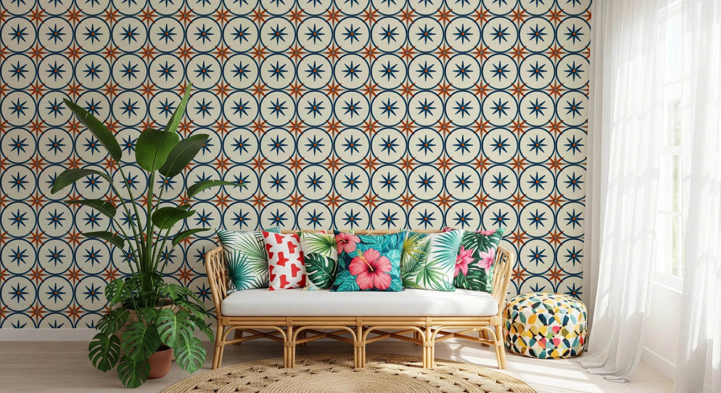 Farmhouse Timeless Backsplash Blue Wallpaper star pattern.