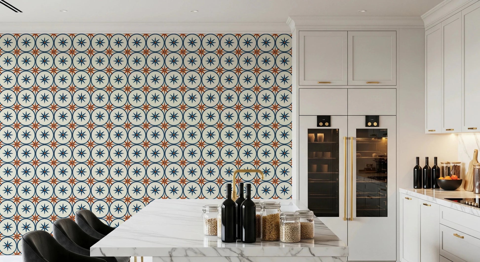 Symmetrical geometric pattern wallpaper for a home wall mural.