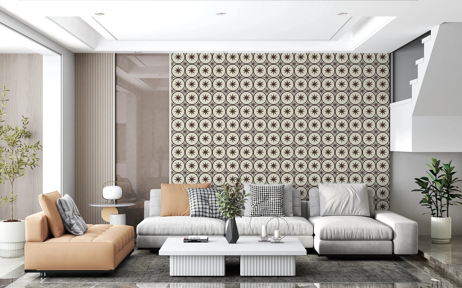 Symmetrical geometric pattern wallpaper for a home wall mural.