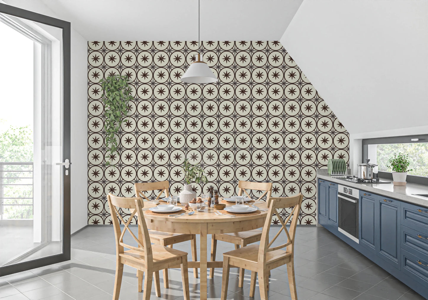 Dark brown star and circle pattern wallpaper wall mural.