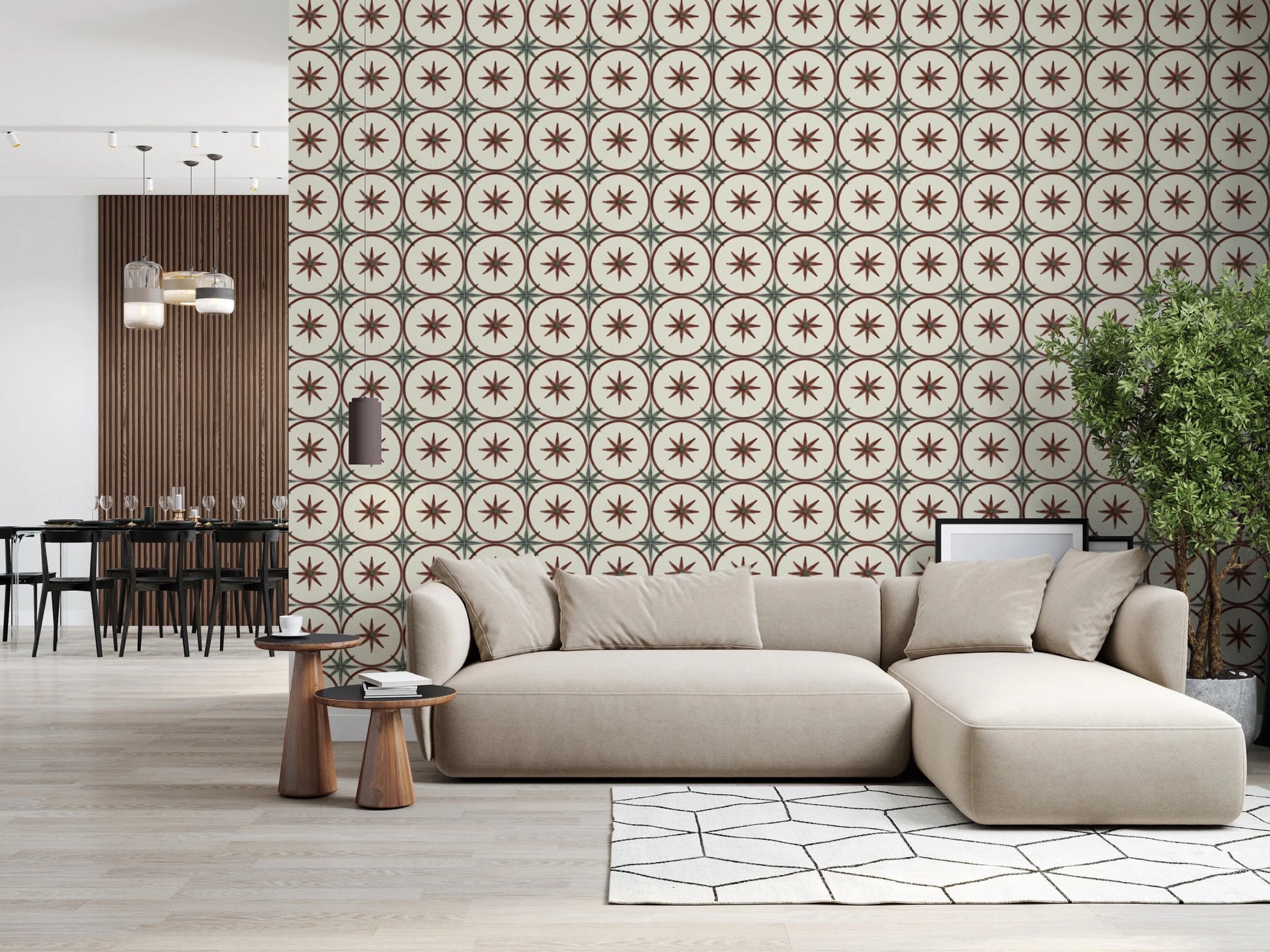 Artisanal clay star motif wallpaper for a bathroom wall mural.