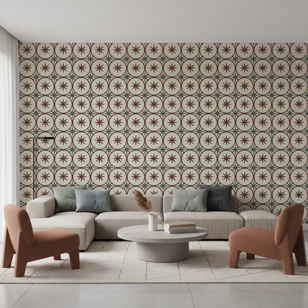 Farmhouse Timeless Backsplash Clay Wallpaper star pattern.