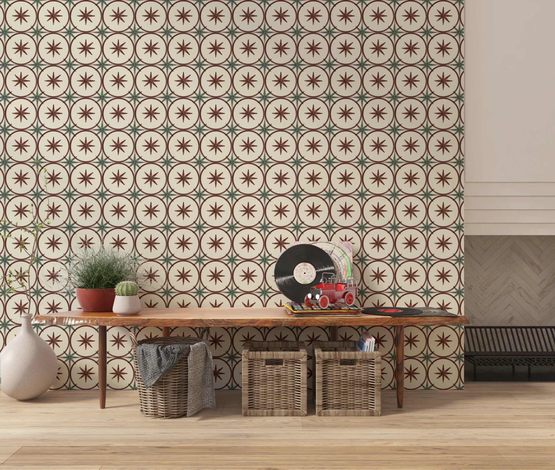Earthy star and circle pattern wallpaper wall mural design.