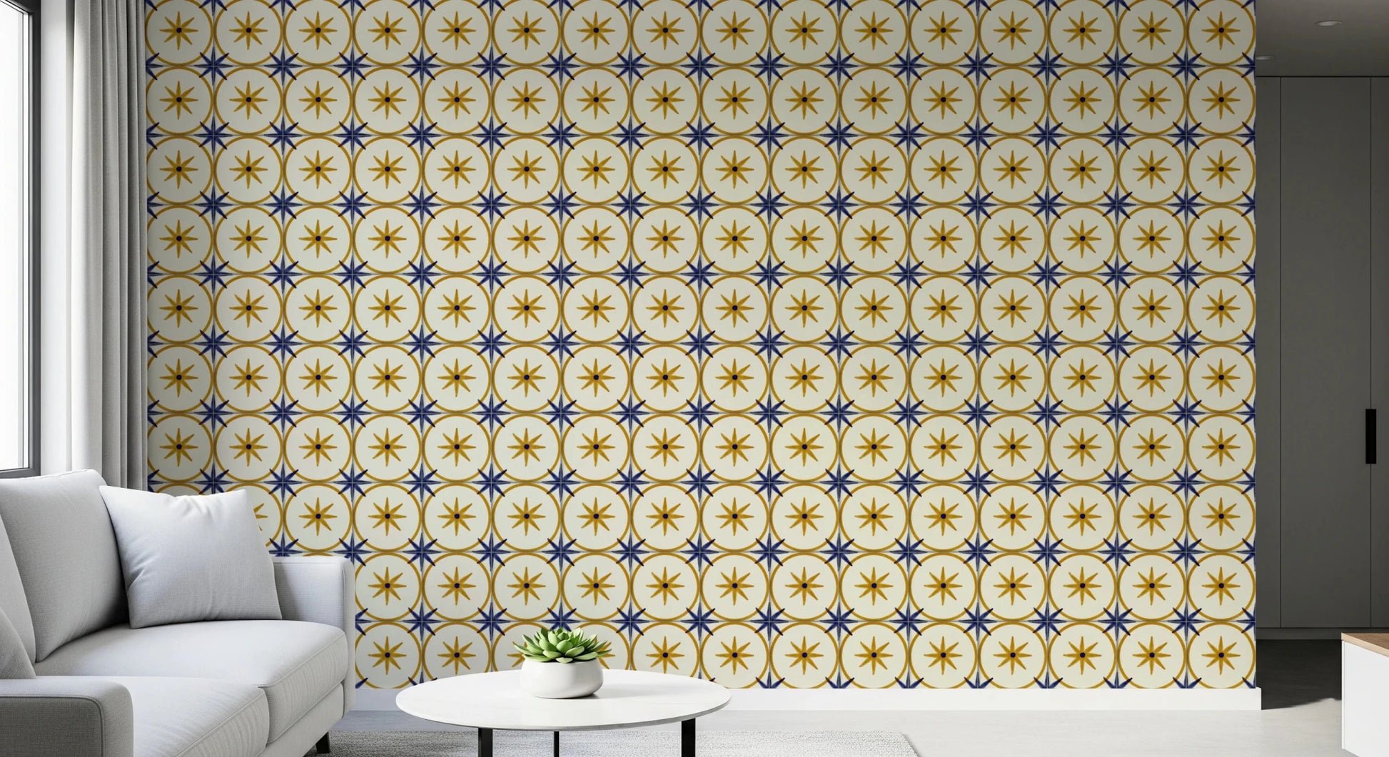 Vibrant yellow star and circle pattern wallpaper wall mural., GD8409