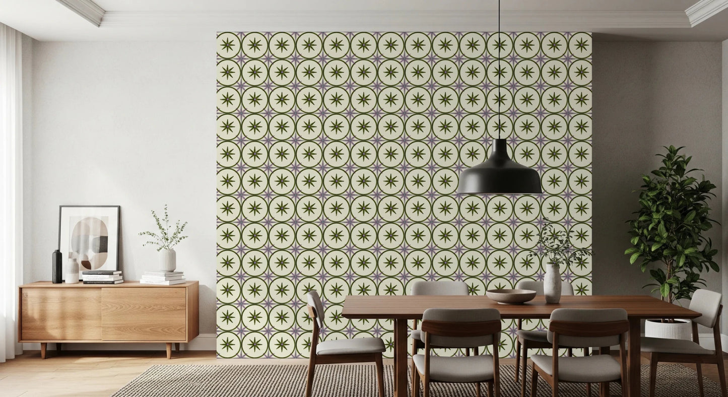 Artisanal olive star motif wallpaper for a bathroom wall mural.