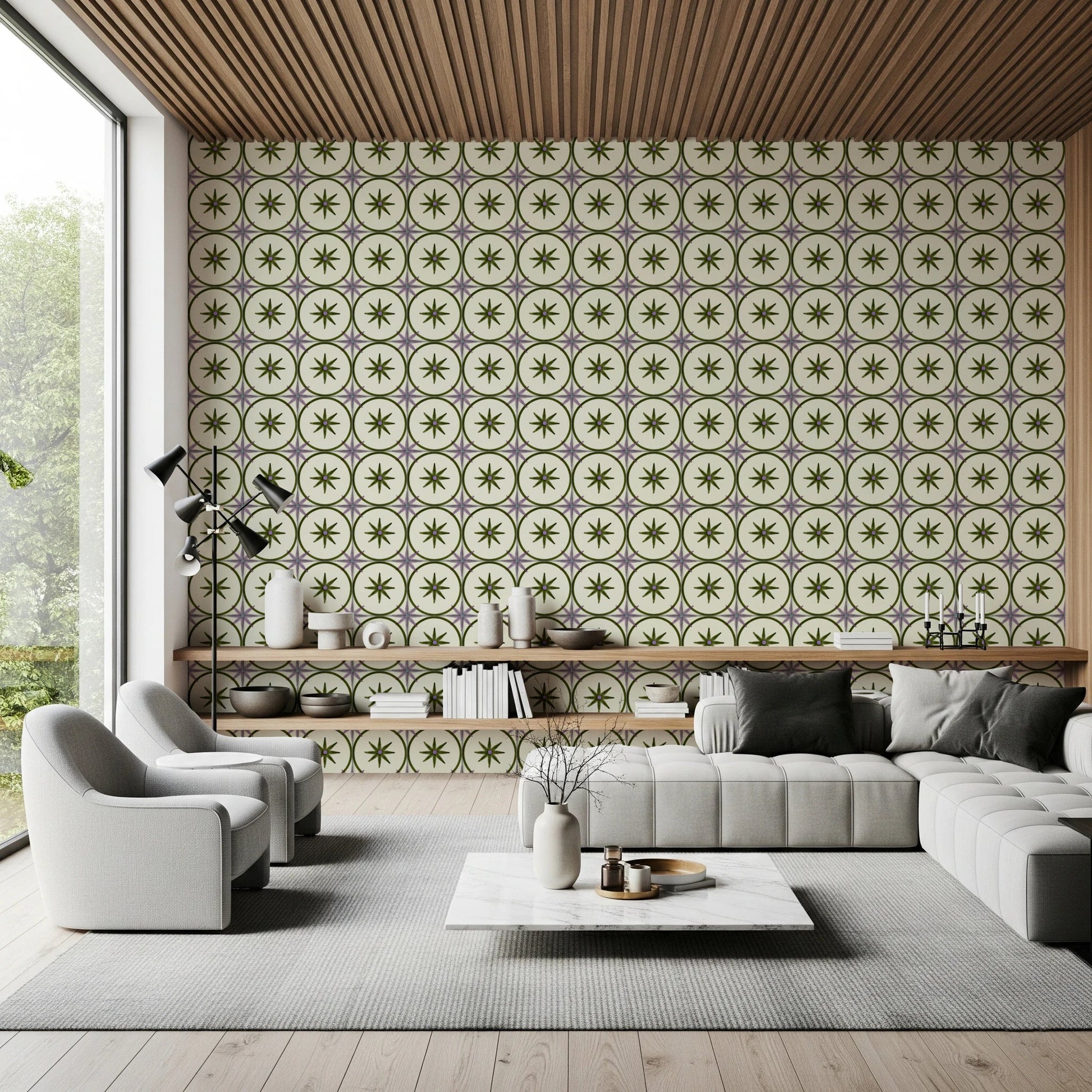 Hand-stamped aesthetic pattern wallpaper for a wall mural.