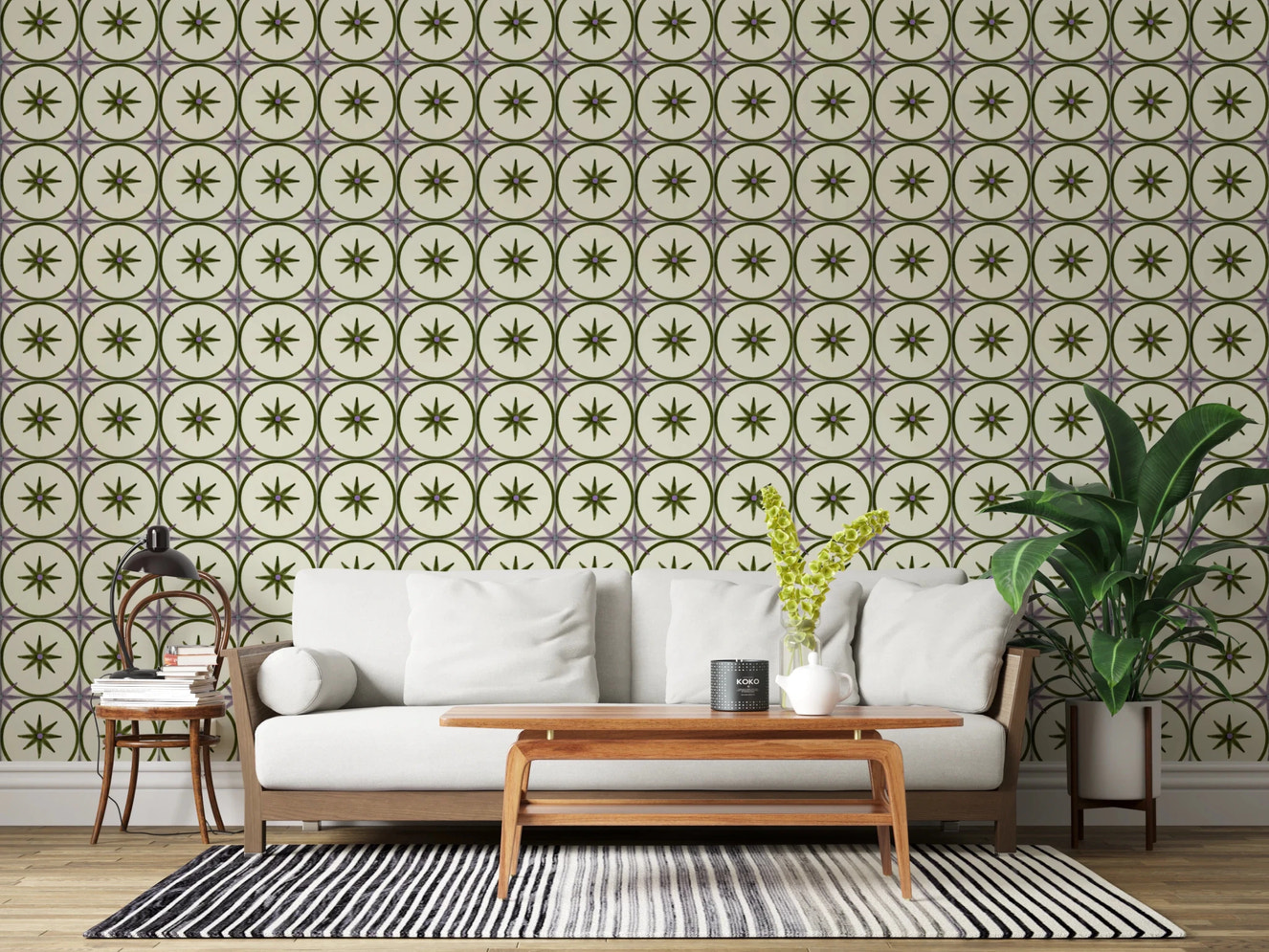 Farmhouse Timeless Backsplash Olive Wallpaper star pattern.