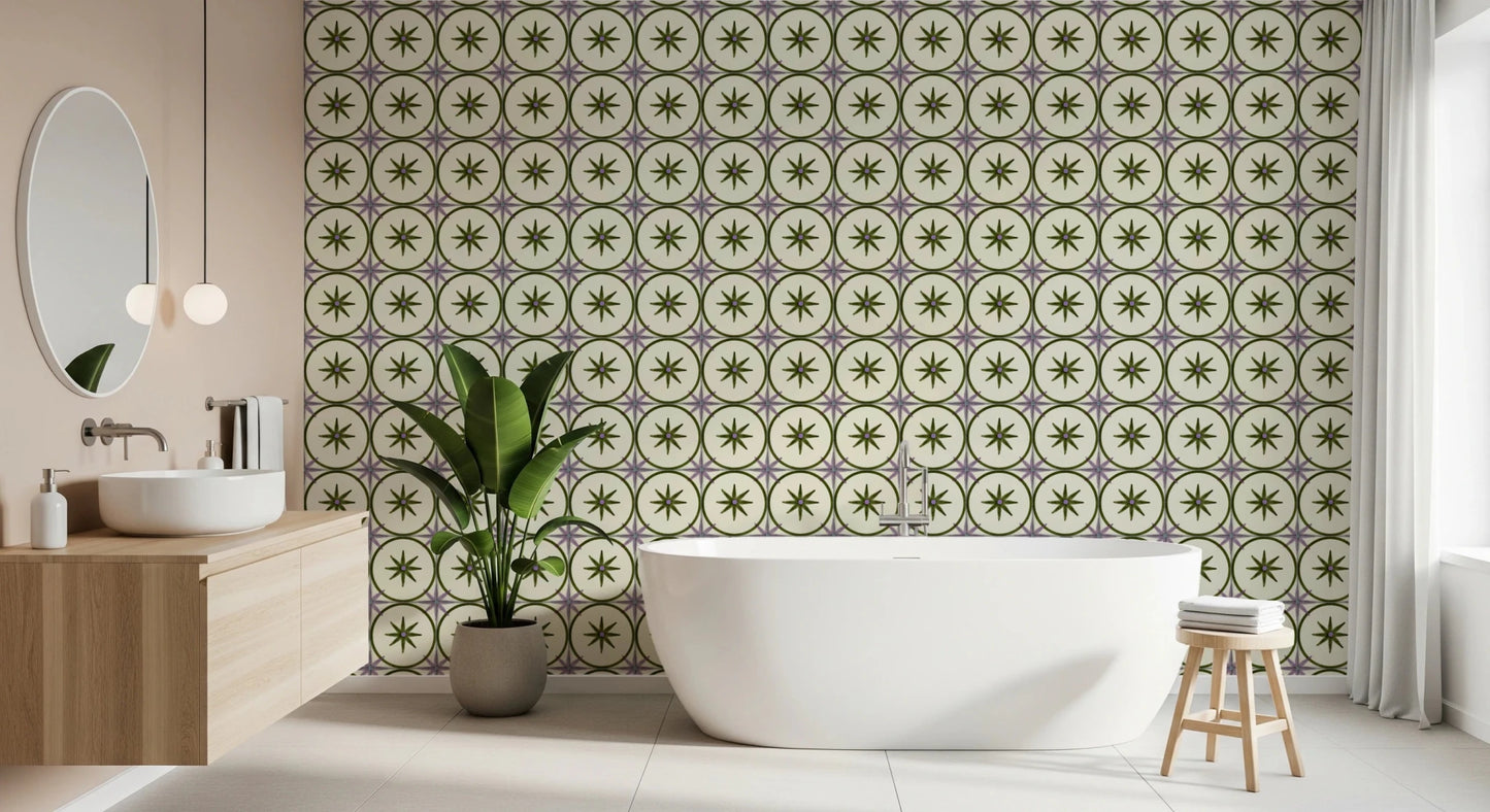 Muted olive star and circle pattern wallpaper wall mural design.