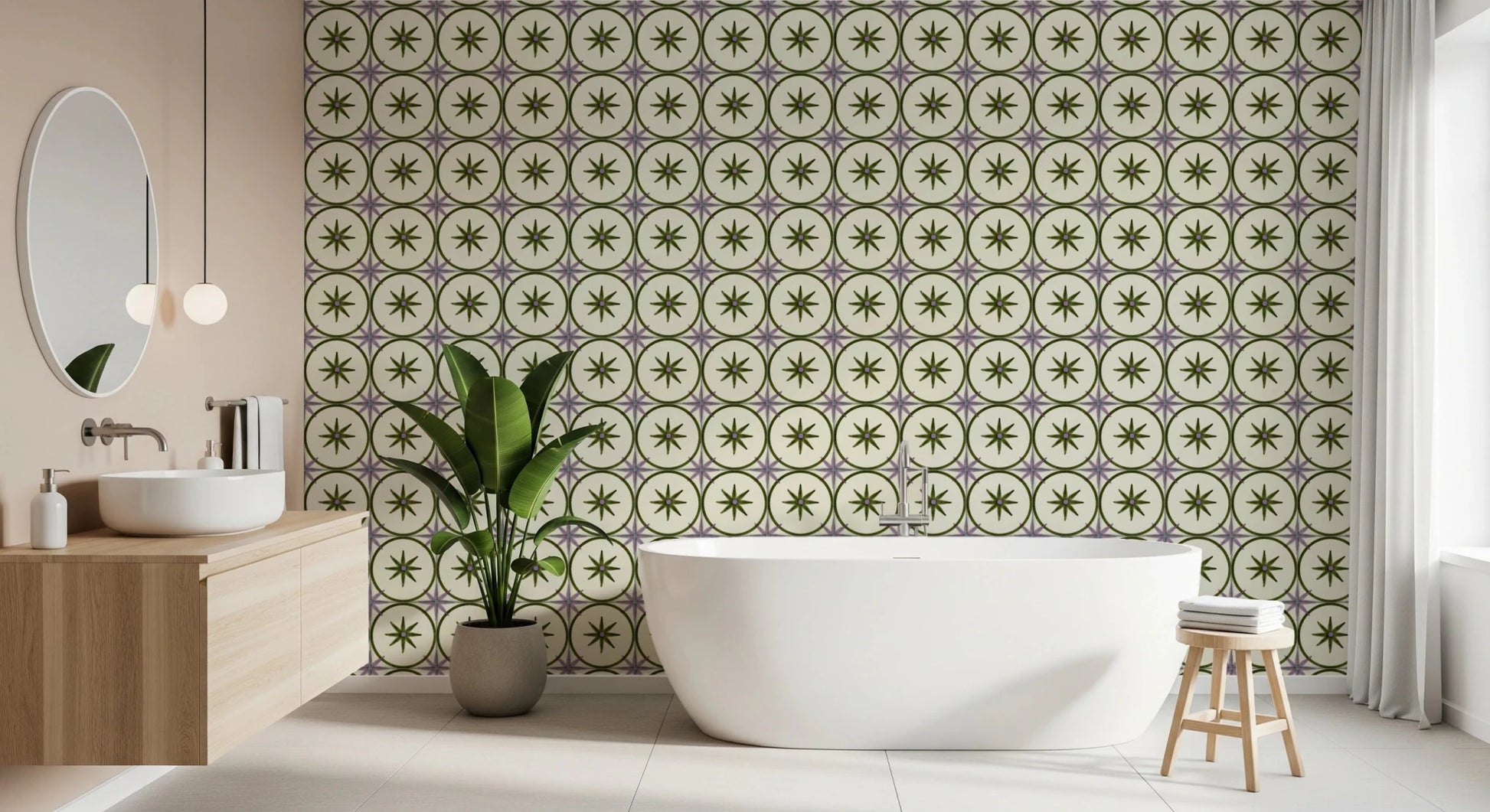 Muted olive star and circle pattern wallpaper wall mural design.