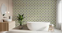 Muted olive star and circle pattern wallpaper wall mural design.