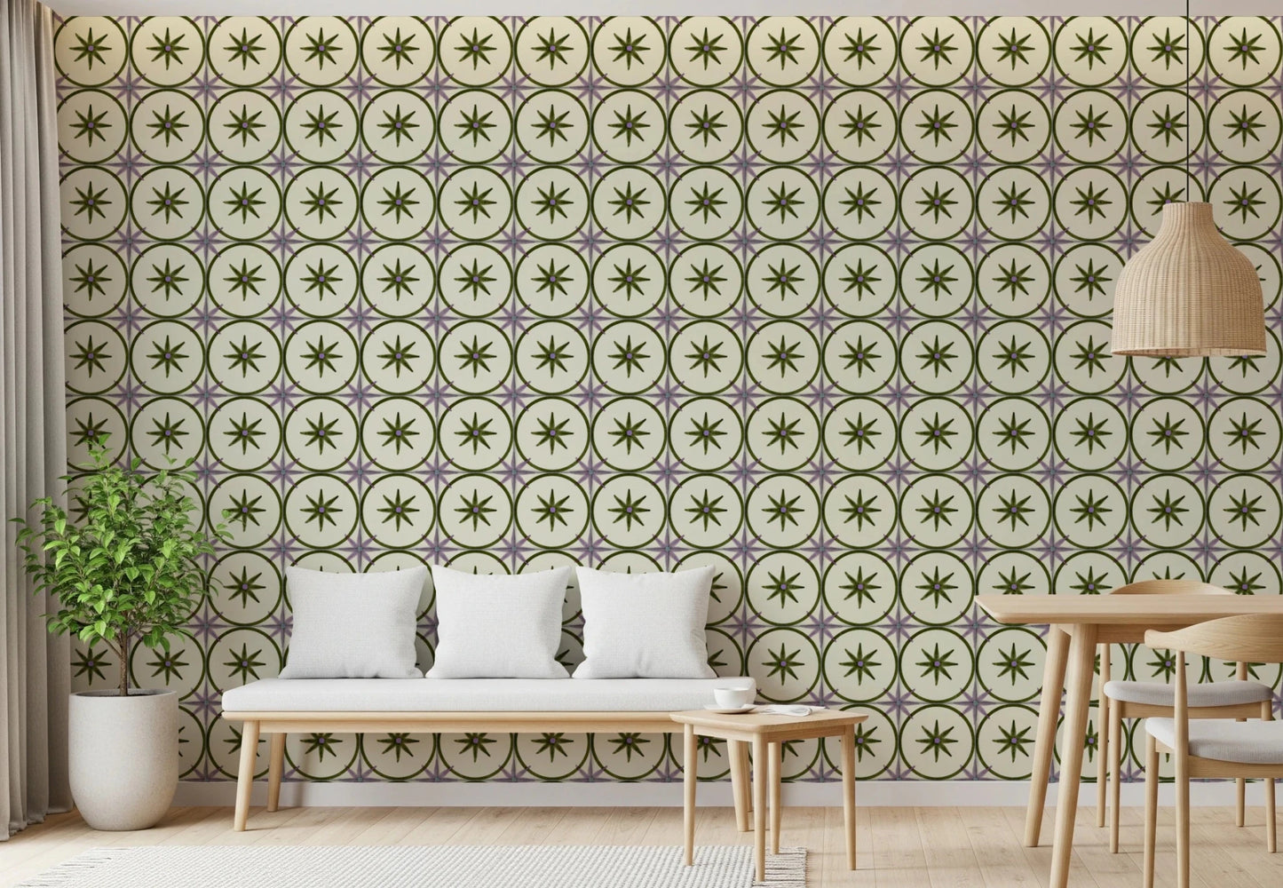 Olive green and purple star pattern wallpaper for a wall mural.
