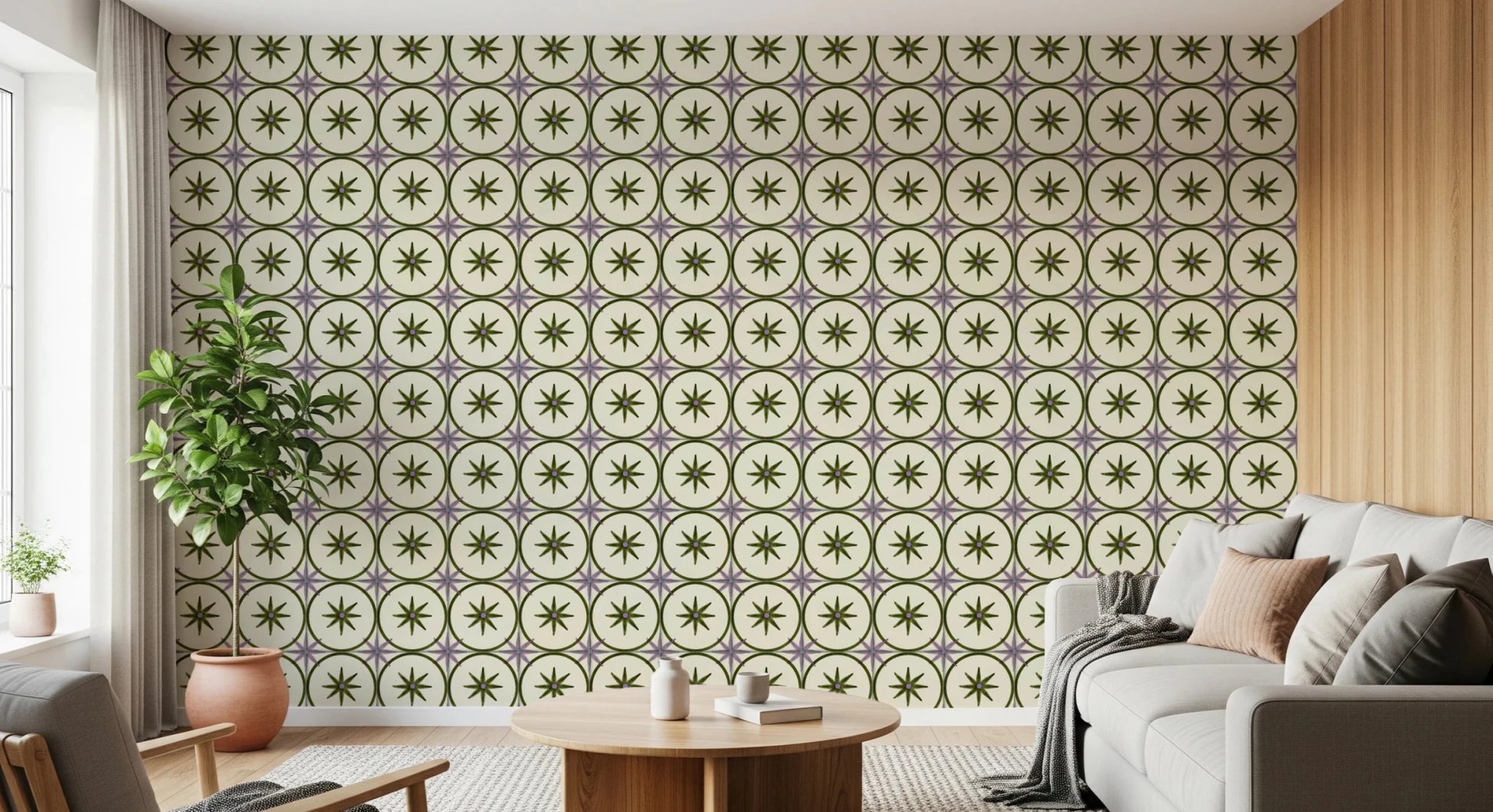 Farmhouse Timeless Backsplash Olive Wallpaper for a laundry room.