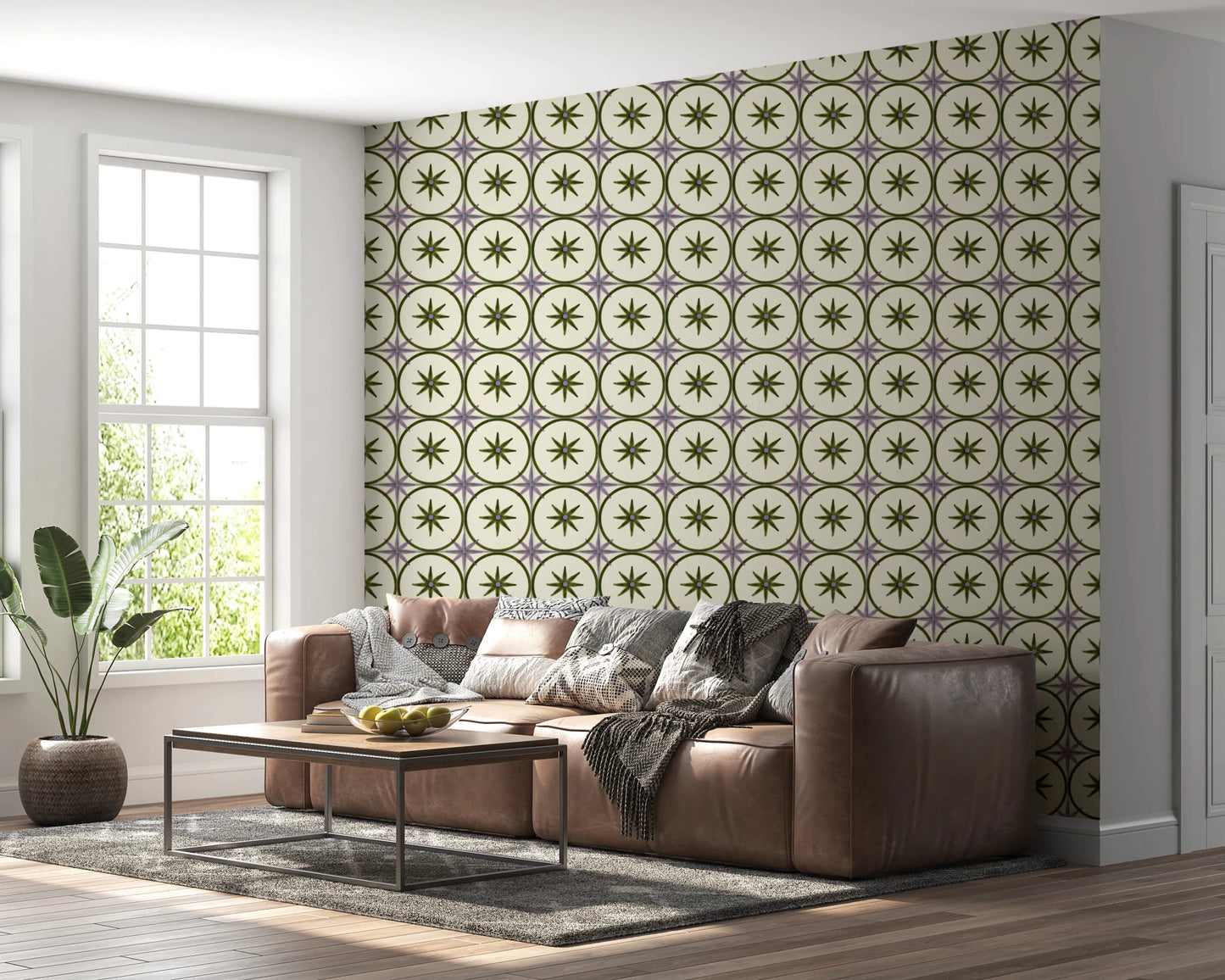 Symmetrical geometric pattern wallpaper for a home wall mural.