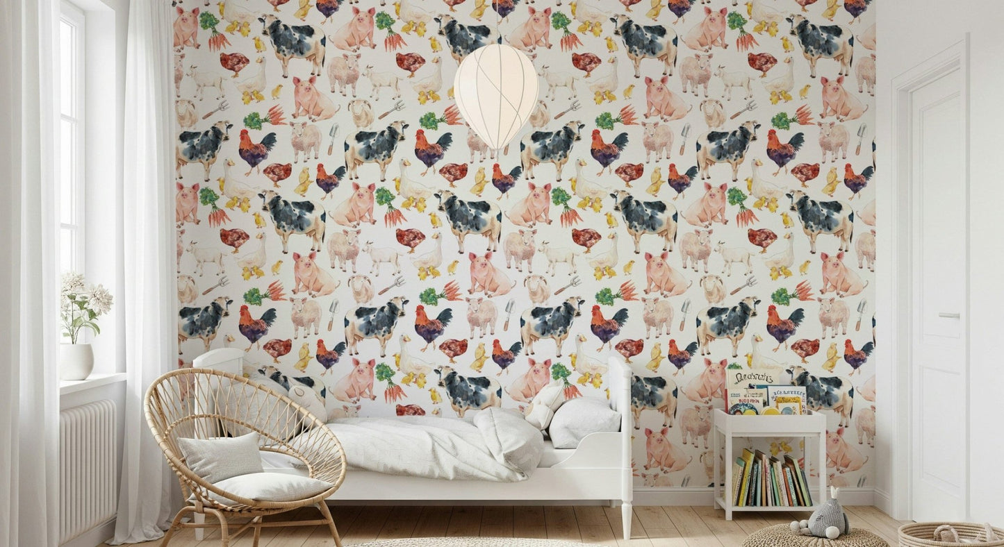 Farmyard Friends wallpaper for walls featuring chickens and roosters.