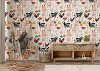 Farmyard Friends watercolor cow wallpaper mural for playful nurseries.
