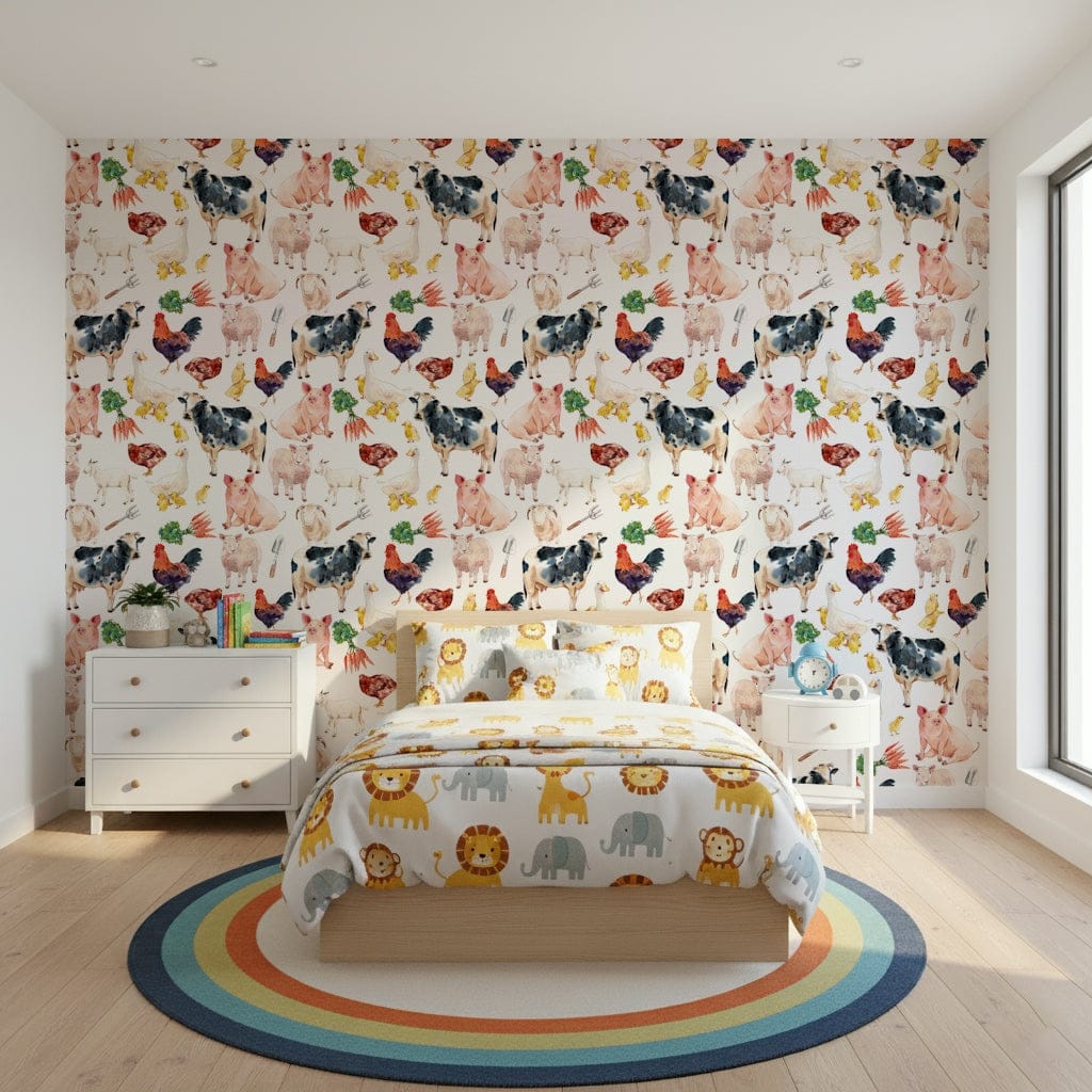 Spotted dairy cows grazing Farmyard Friends peel and stick wallpaper.