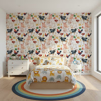Spotted dairy cows grazing Farmyard Friends peel and stick wallpaper.