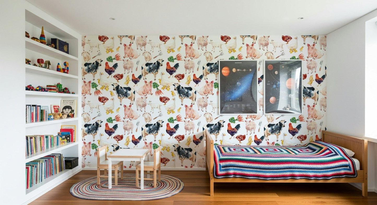 Farmyard Friends watercolor goat and lamb nursery wall mural.