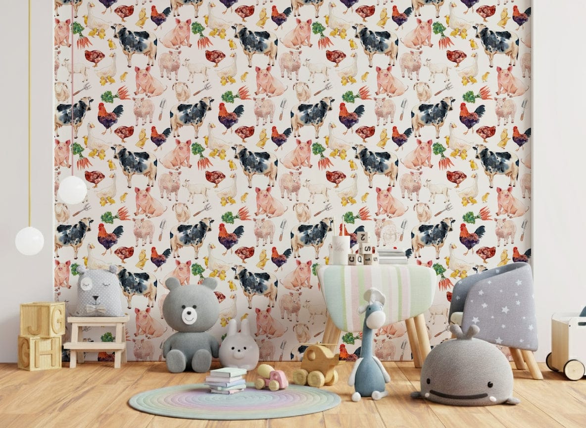 Pink pigs sitting on Farmyard Friends peel and stick wallpaper.