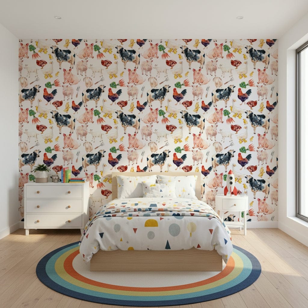 Farmyard Friends white geese illustrations on nursery wallpaper mural.