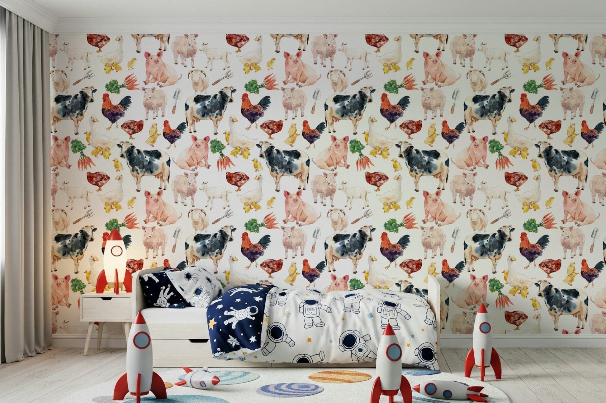Hand-painted carrots and pitchforks on Farmyard Friends wallpaper.