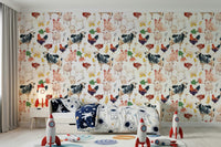 Hand-painted carrots and pitchforks on Farmyard Friends wallpaper.