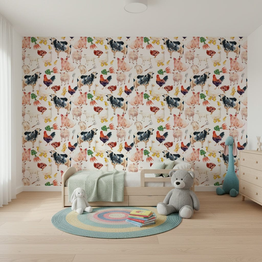 Farmyard Friends farmhouse animal collage for kids wallpaper mural.