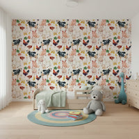 Farmyard Friends farmhouse animal collage for kids wallpaper mural.