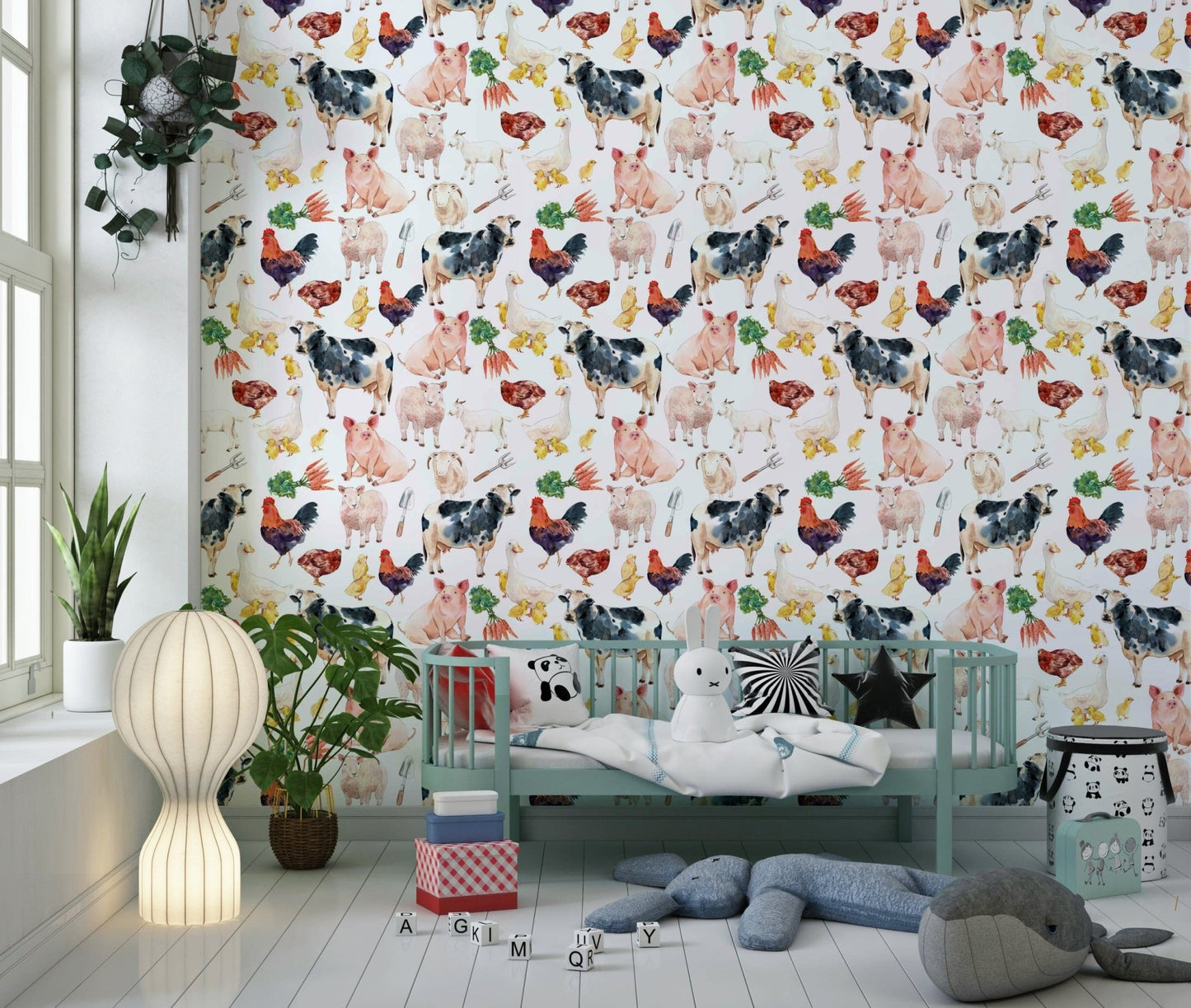 Rustic barnyard scene Farmyard Friends wallpaper for walls.