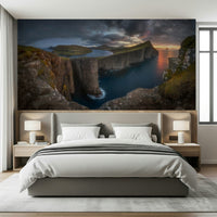 An artistic scenic landscape mural on minimalist wallpaper.