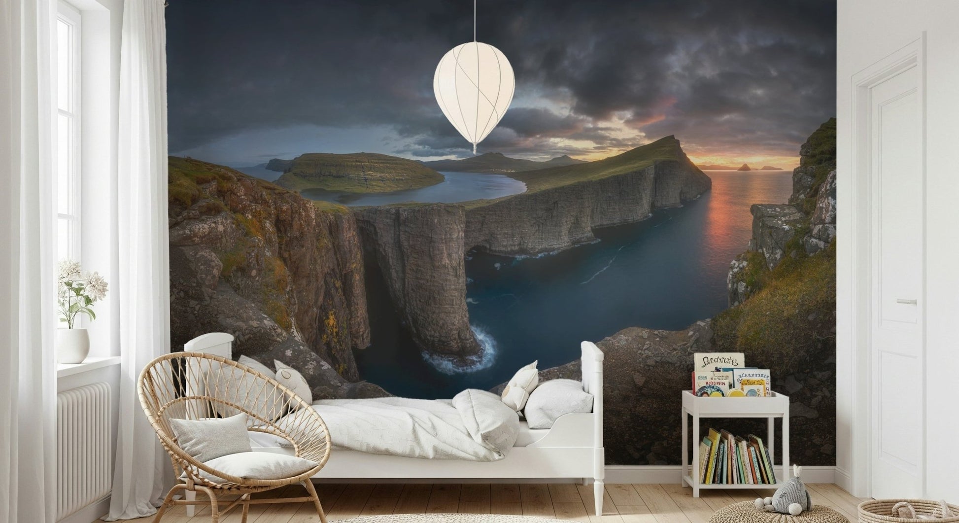 A beautiful dramatic cliff wallpaper mural in the Faroe Islands at dawn.