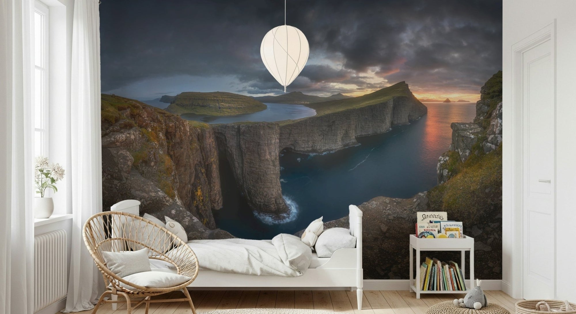 A beautiful dramatic cliff wallpaper mural in the Faroe Islands at dawn., GD5798