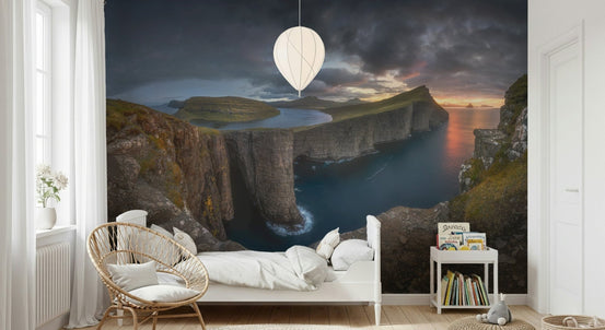 A beautiful dramatic cliff wallpaper mural in the Faroe Islands at dawn., GD5798