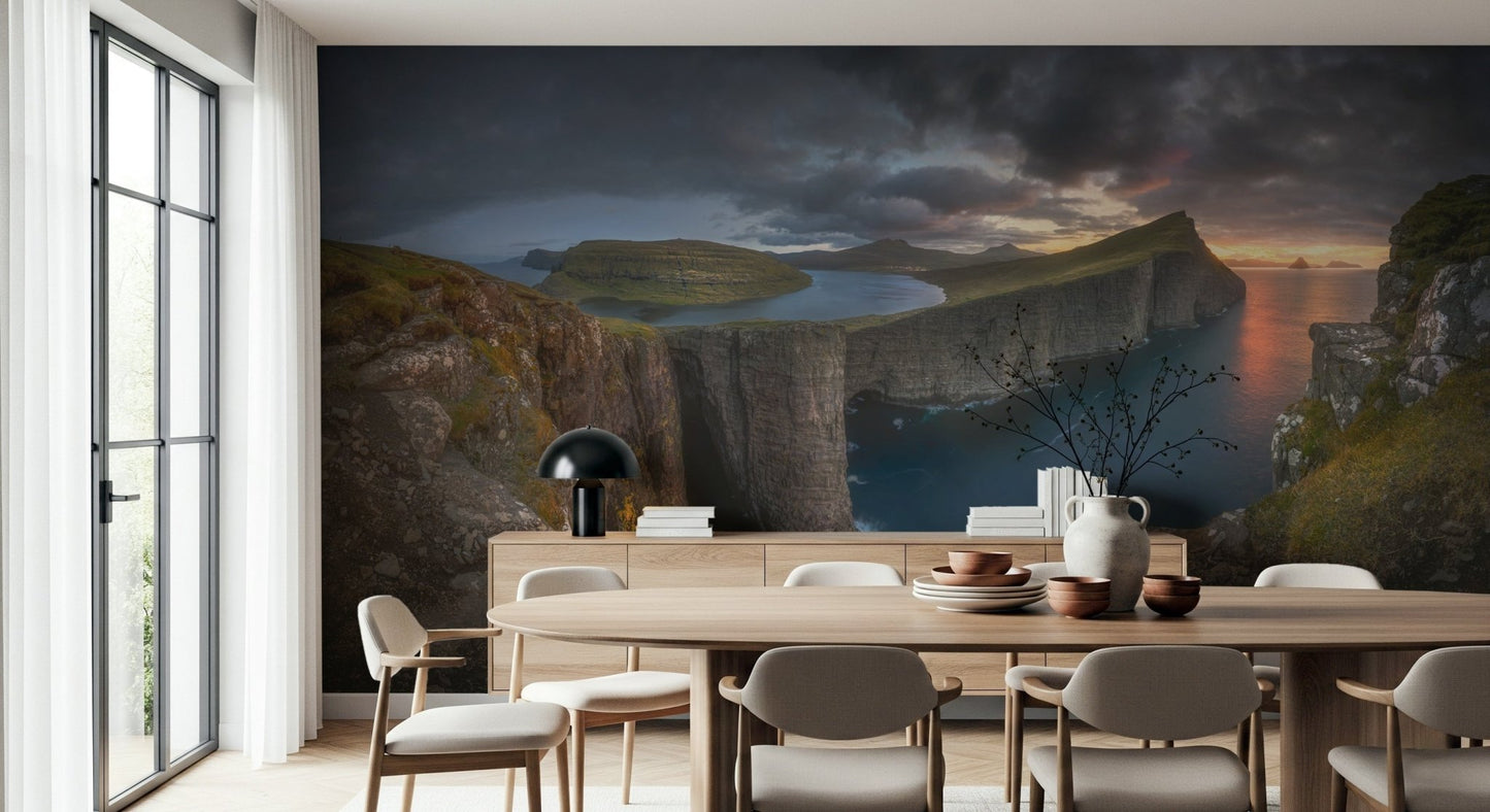 A beautiful wide-angle wall mural of a serene landscape.
