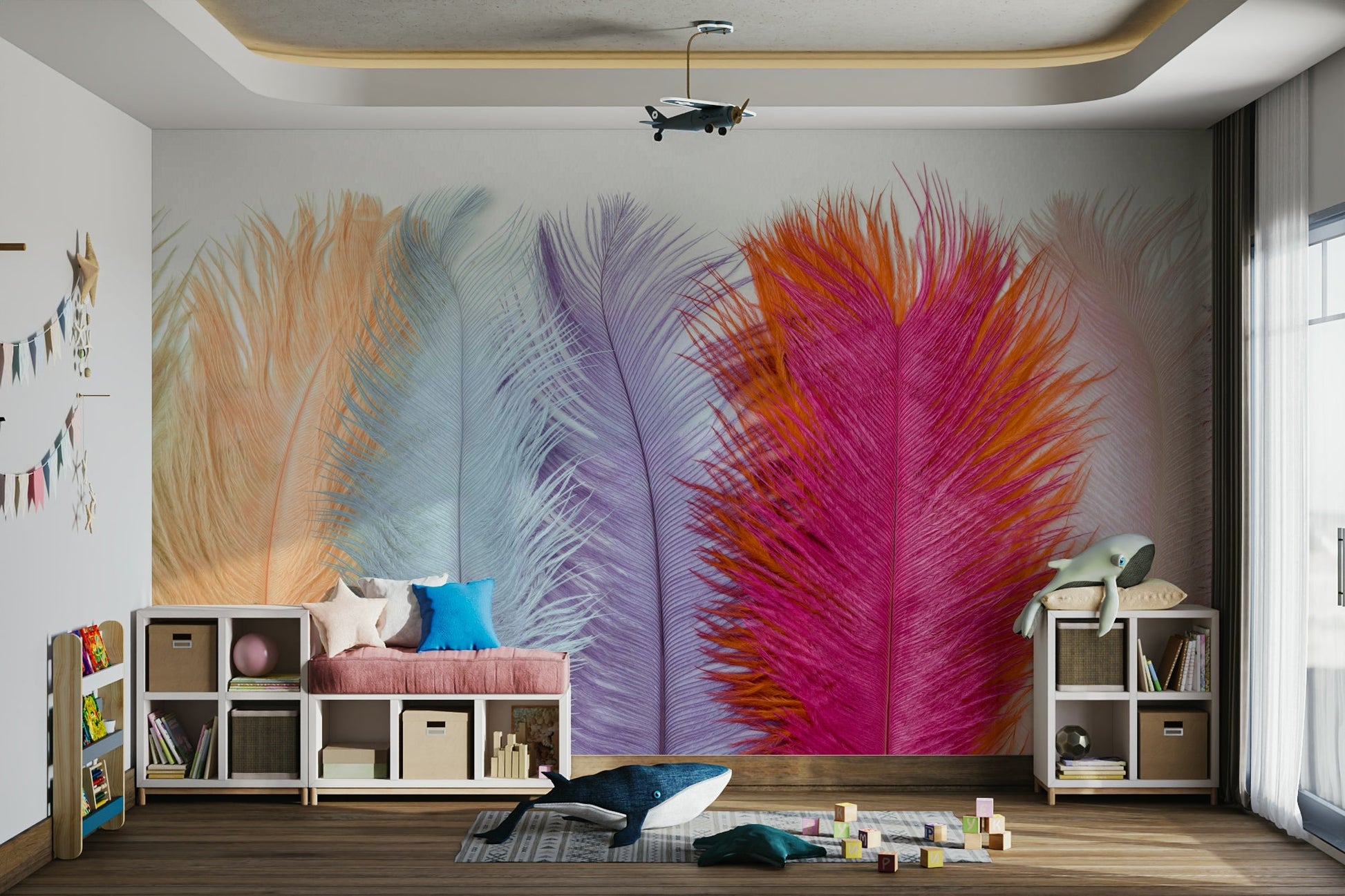 Close-up of delicate feathers in light pastel shades.


