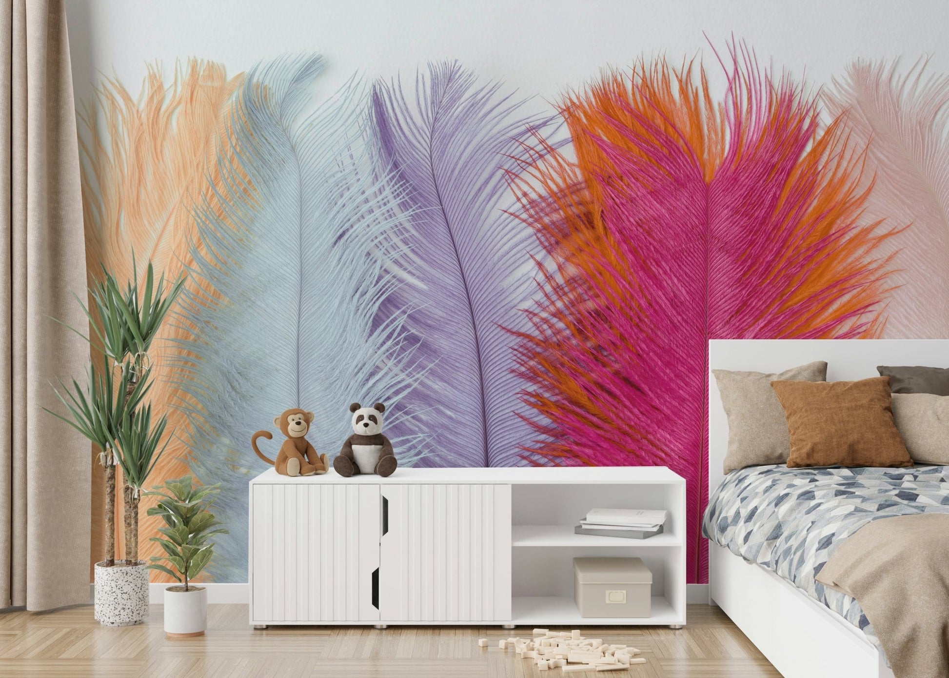 Light pink and blue feathers mural with boho charm.

