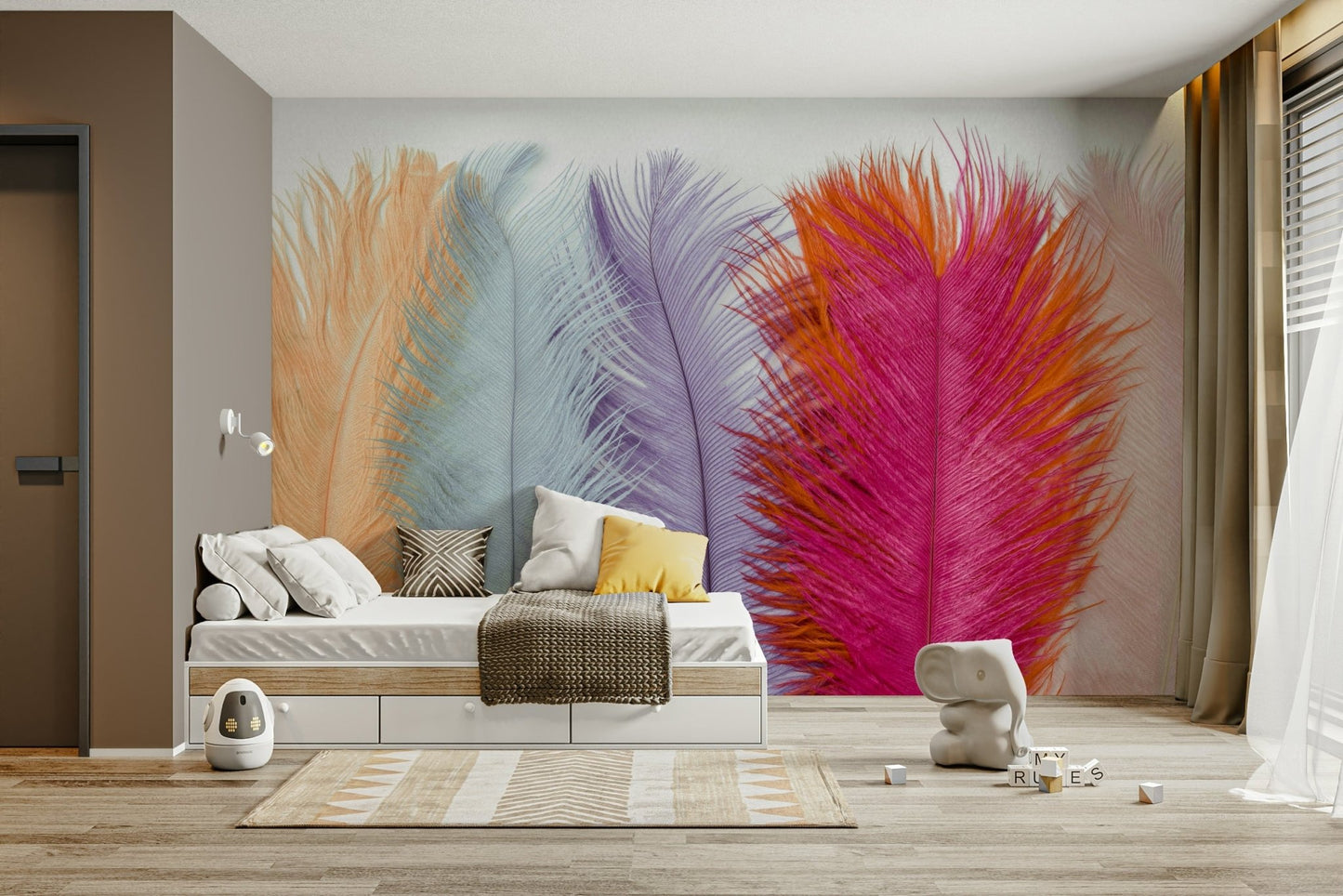 Abstract watercolor feathers creating a calming wall vibe.

