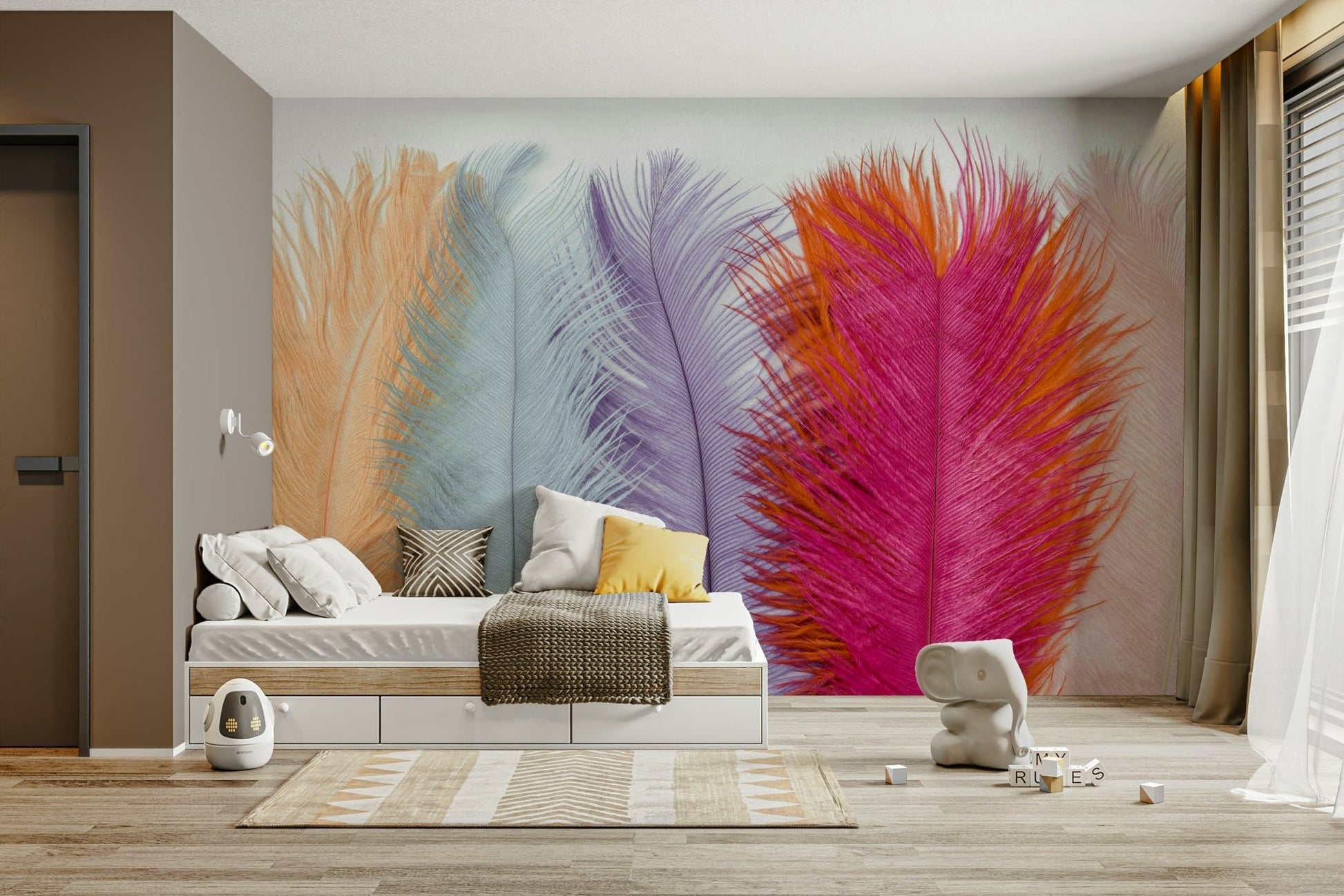Abstract watercolor feathers creating a calming wall vibe.

