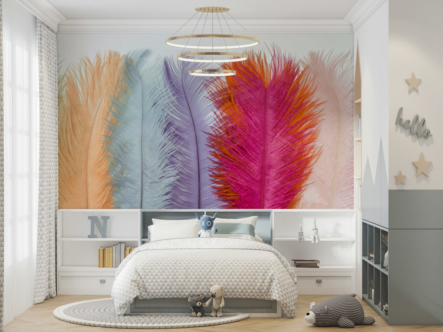 Decorative feather mural with layered pastel strokes.


