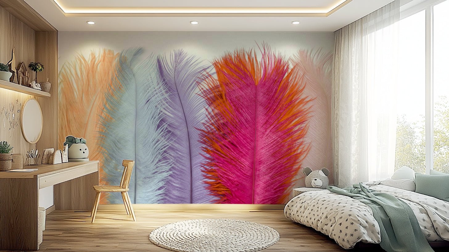 Pastel-colored feathers mural ideal for bedrooms.

