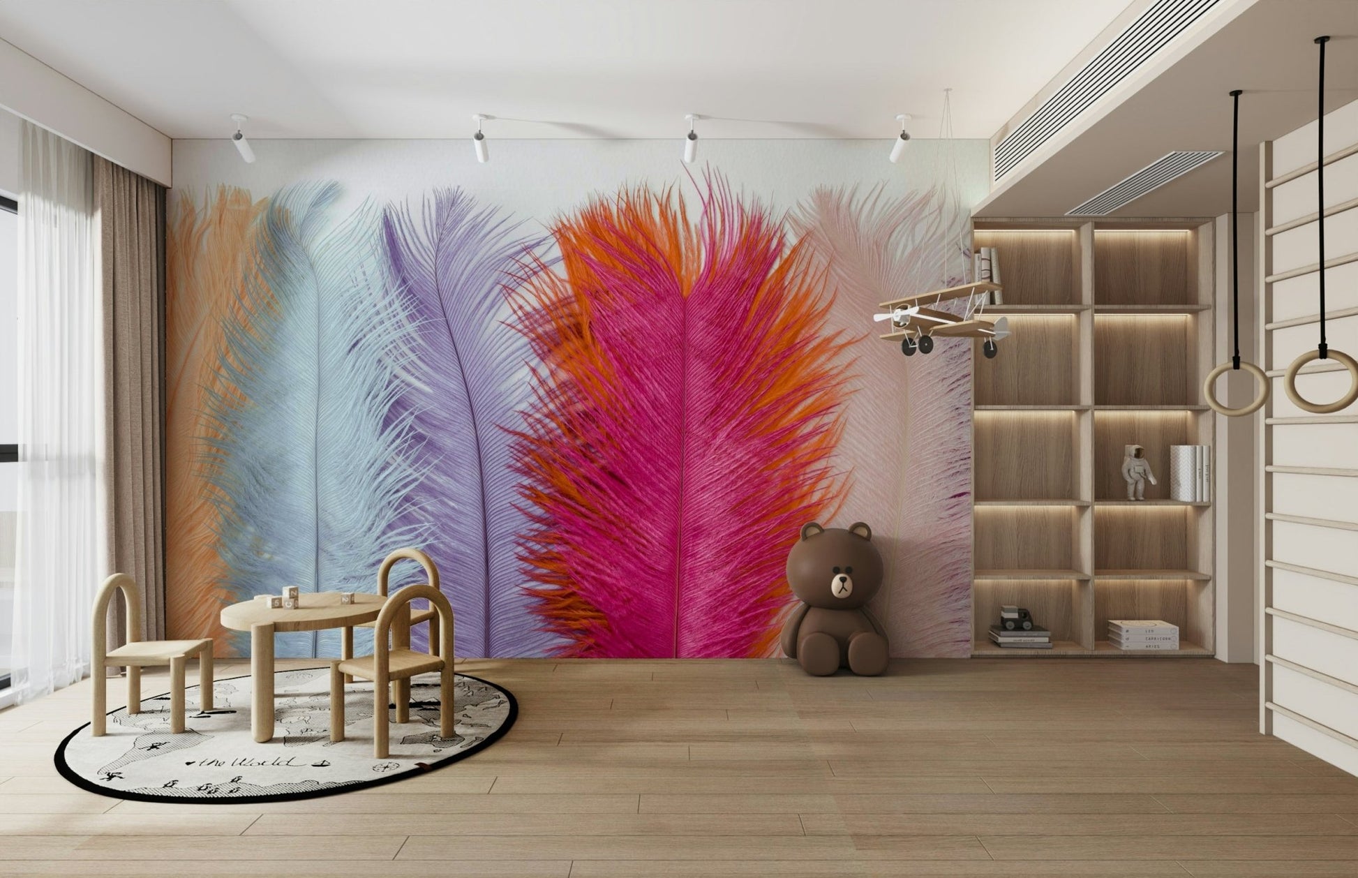 Hand-drawn feather wall mural in soft feminine tones.

