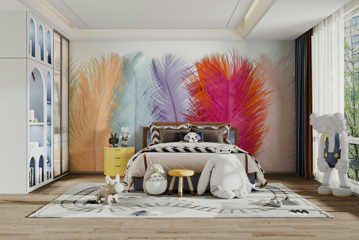 Elegant pastel feathers floating on a neutral background.


