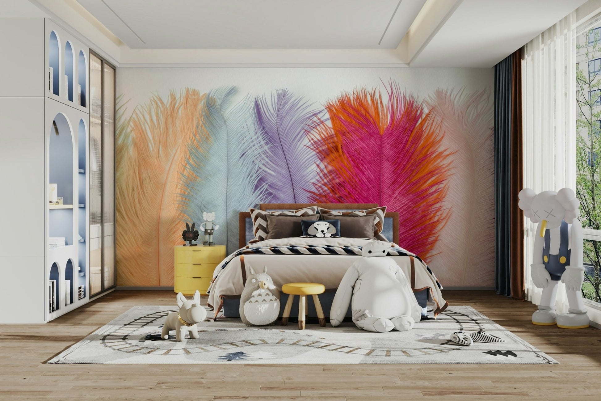 Elegant pastel feathers floating on a neutral background.

