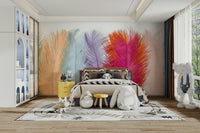 Elegant pastel feathers floating on a neutral background.

