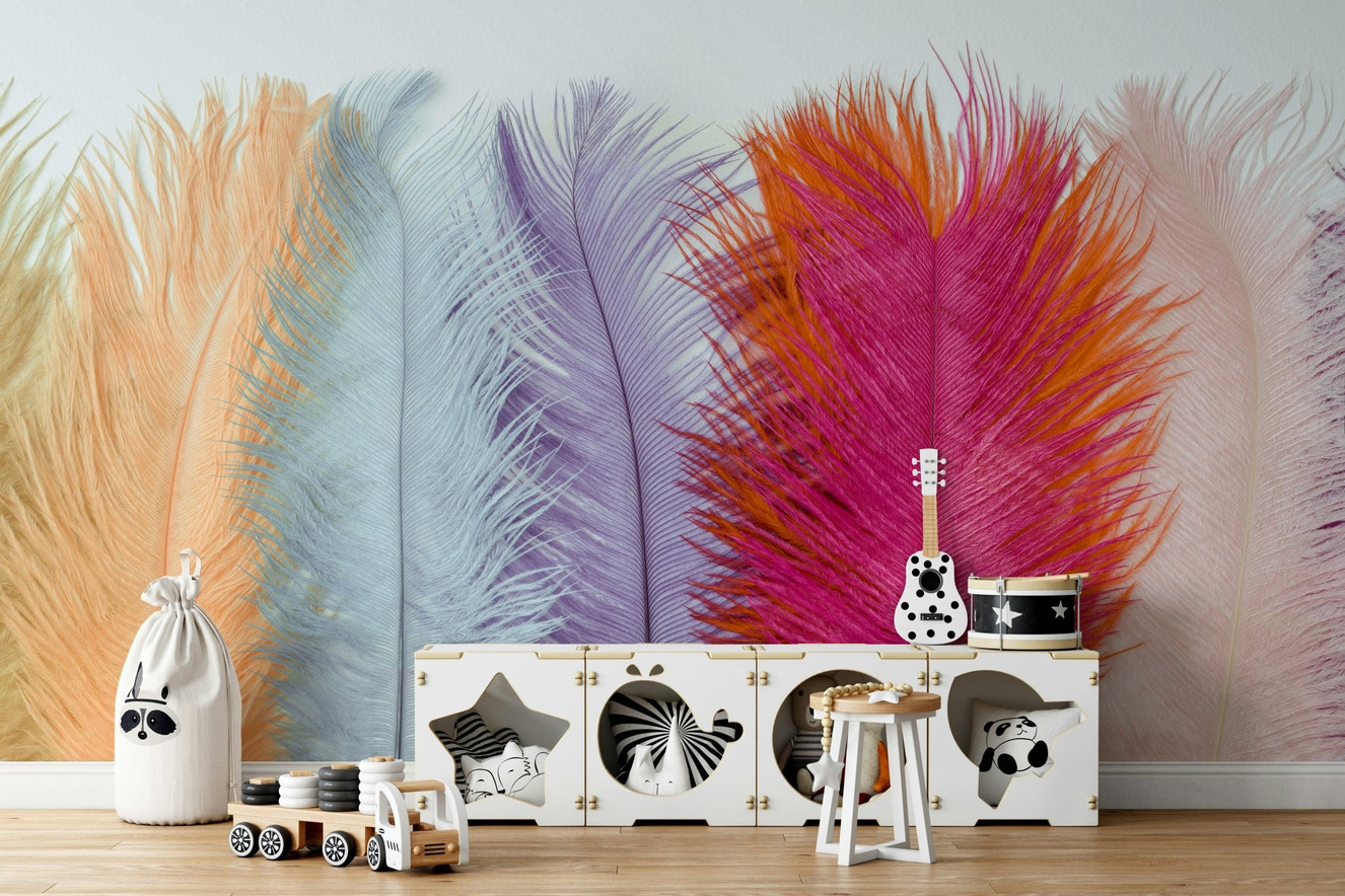 Soft pastel feather mural with watercolor textures.


