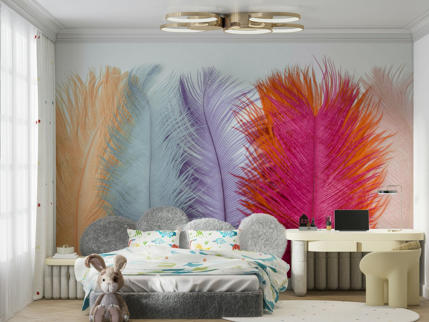 Artistic pastel feather mural for serene interiors.

