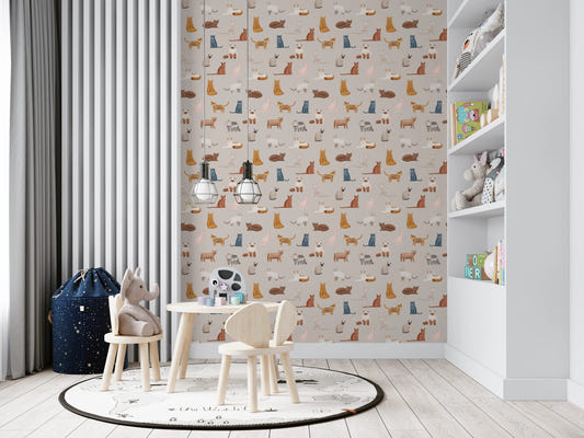 Kids room with Feline Friends Forever wallpaper and playful cat pattern
