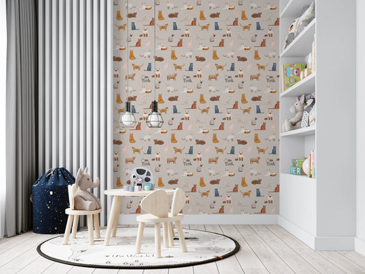 Kids room with Feline Friends Forever wallpaper and playful cat pattern