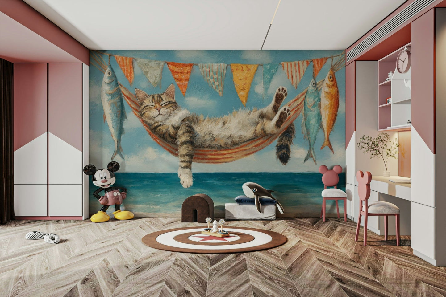 Coastal wallpaper with cats and ocean scenes

